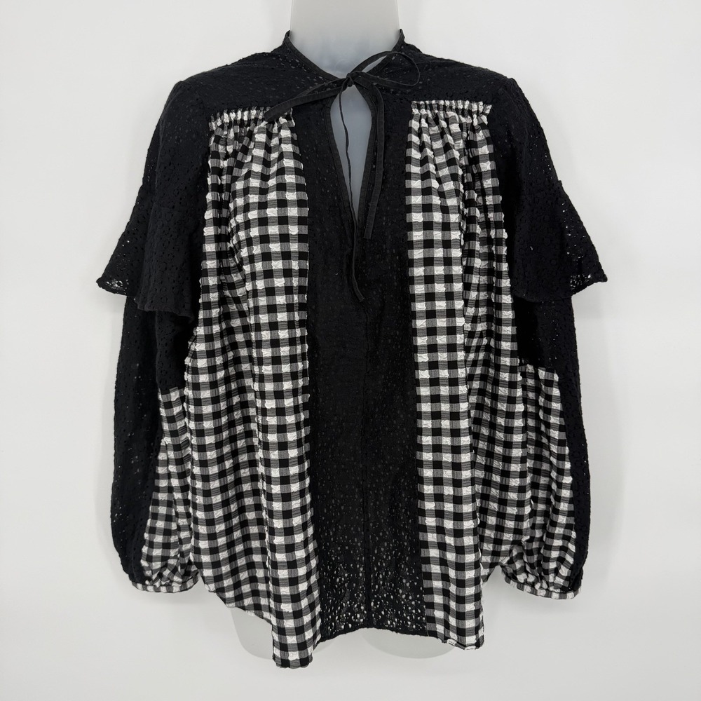 Rachel Comey‎ Sz 4 Gingham Balloon Sleeve Blouse Lace Peasant Oversized Fit Top